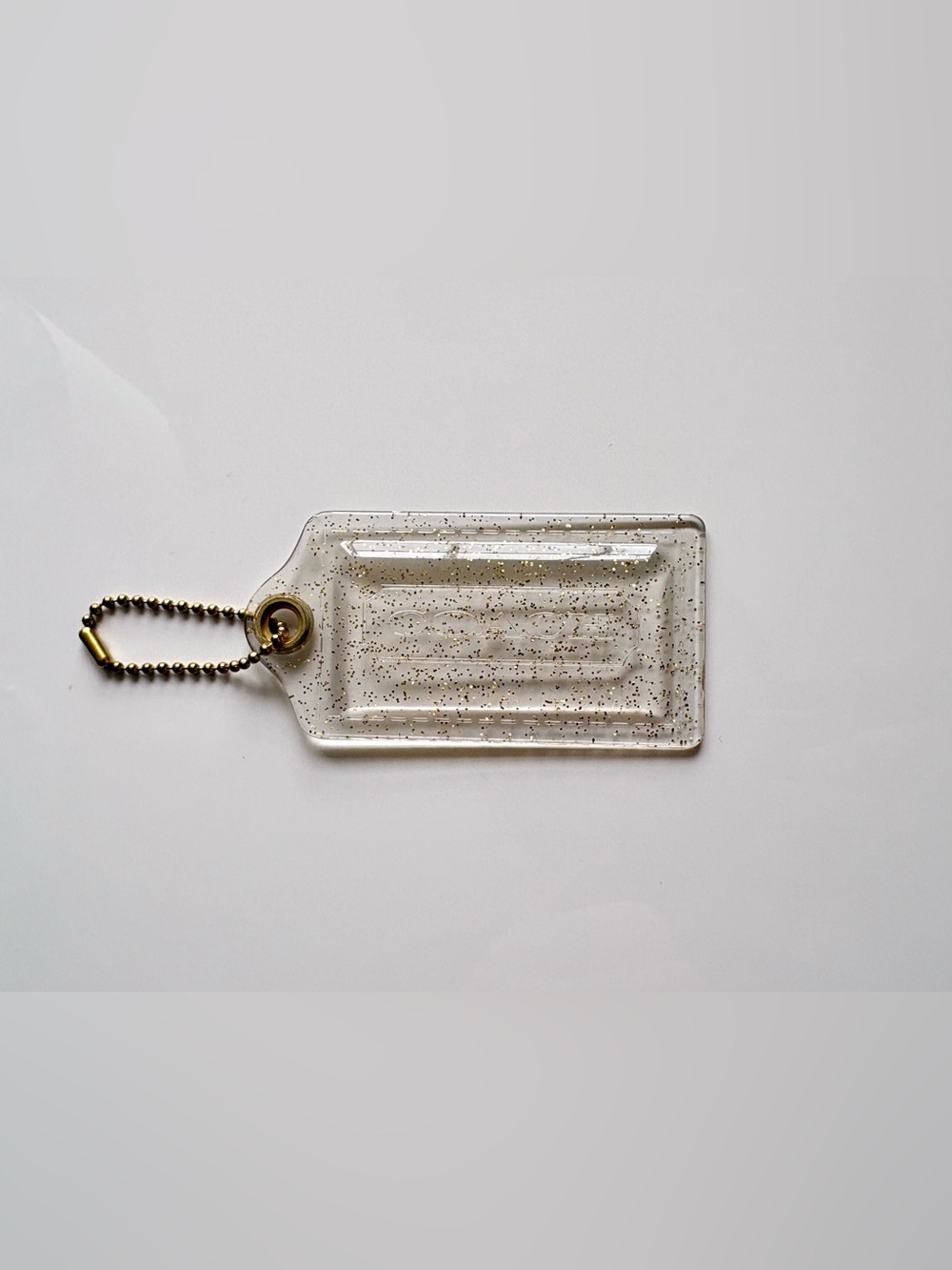 COACH Poppy 3" XL Clear Gold Glitter Acrylic Plastic Hang Tag Hangtag Bag Charm